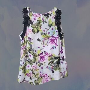 Sleeveless Hummingbird Blouse|Women's Medium|Black Lace, Purple and Green Detail